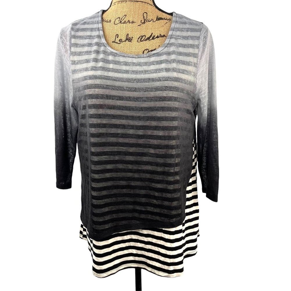 Charming Charlie Stripe Ombre 3/4 Sleeve T-shirt Black Sheer Overlay Size Medium